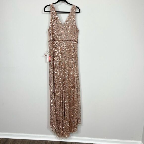 Mac Duggal Wrap Gown Womens 16 Copper V-Neck Thigh High Slit Sequin Beaded Waist - Picture 8 of 12